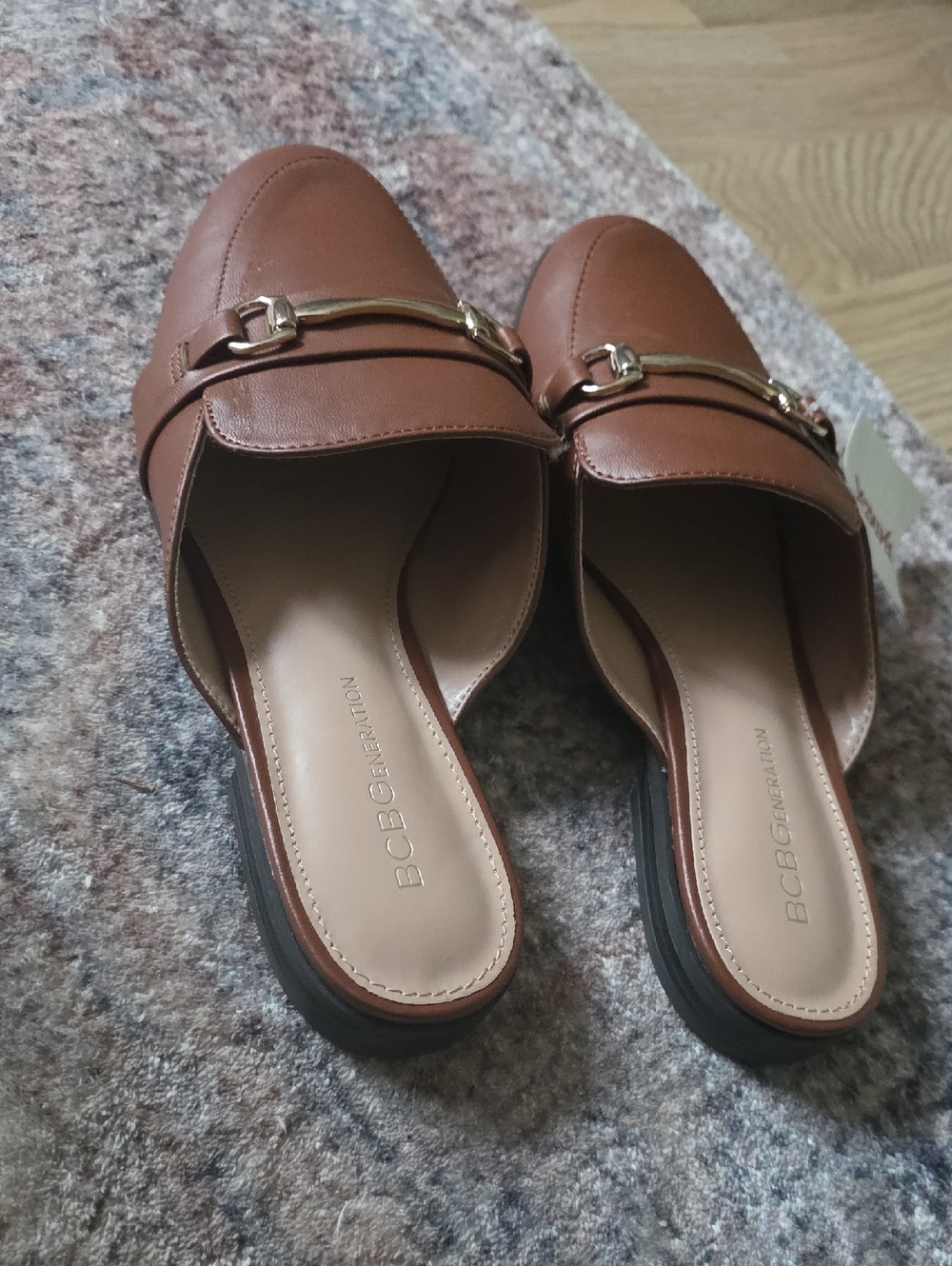 BCBGeneration Tan Brown Slip-On Mules with Gold Bit
